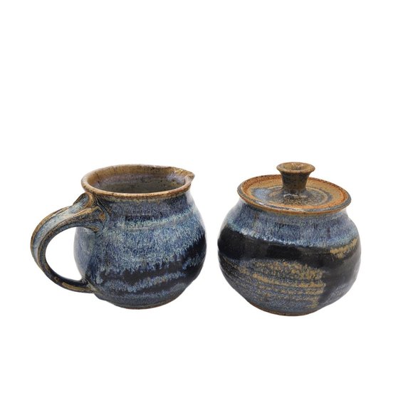 Hand Made Pottery Sugar with Lid and Creamer Set Blue Brown Rustic Clay Artisan - Picture 1 of 8